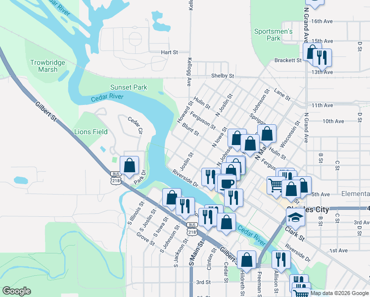 map of restaurants, bars, coffee shops, grocery stores, and more near 252 Clark Street in Charles City