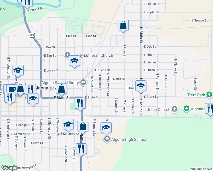 map of restaurants, bars, coffee shops, grocery stores, and more near 100-198 North Woodworth Street in Algona