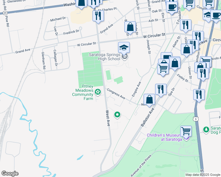 map of restaurants, bars, coffee shops, grocery stores, and more near 17 Congress Avenue in Saratoga Springs