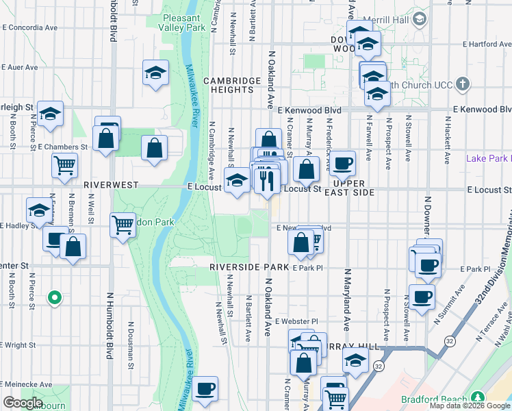 map of restaurants, bars, coffee shops, grocery stores, and more near 1708 East Geneva Place in Milwaukee