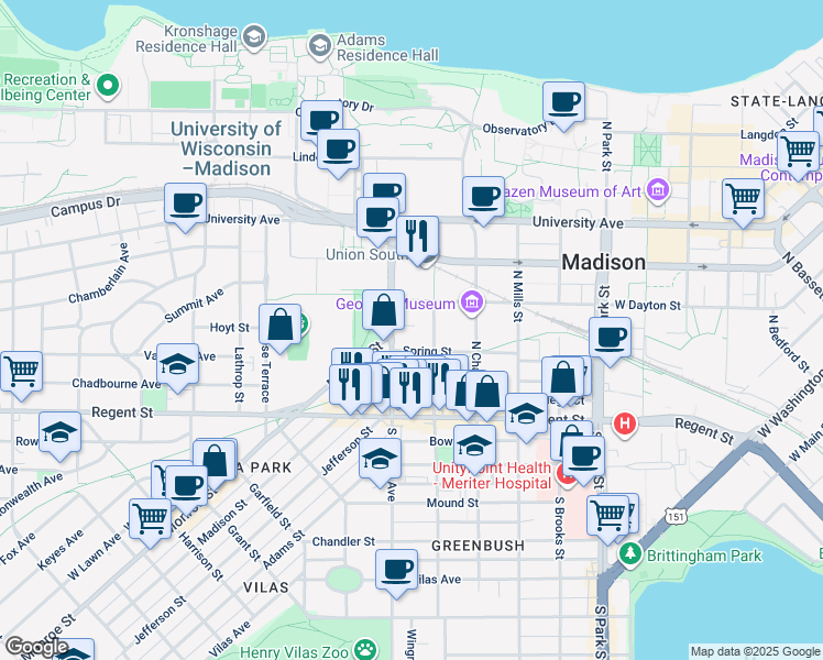 map of restaurants, bars, coffee shops, grocery stores, and more near 1419 Monroe Street in Madison