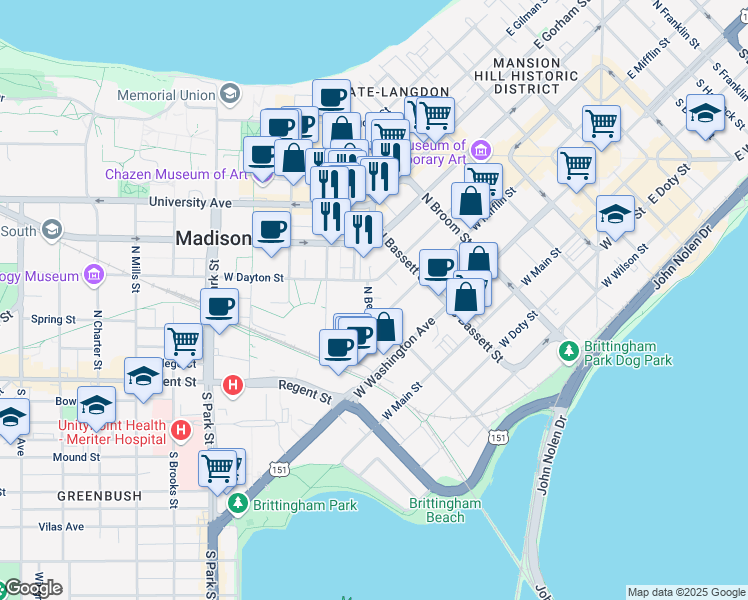 map of restaurants, bars, coffee shops, grocery stores, and more near 121 North Bedford Street in Madison