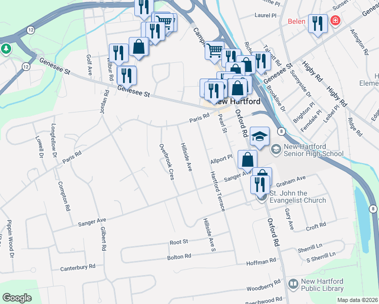 map of restaurants, bars, coffee shops, grocery stores, and more near 21 Hillside Avenue in New Hartford