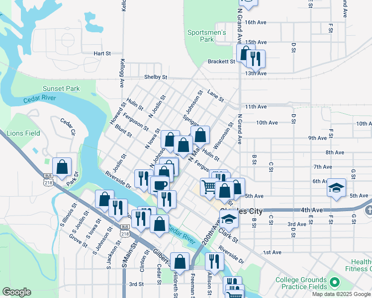 map of restaurants, bars, coffee shops, grocery stores, and more near 502 North Jackson Street in Charles City