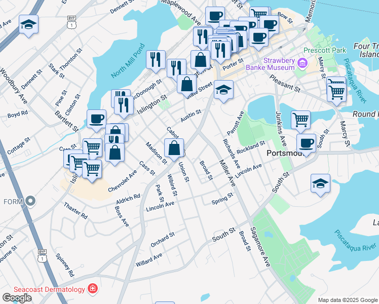map of restaurants, bars, coffee shops, grocery stores, and more near 351 Middle Street in Portsmouth