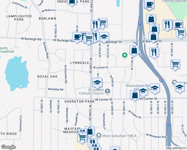 map of restaurants, bars, coffee shops, grocery stores, and more near 2840 North 124th Street in Wauwatosa
