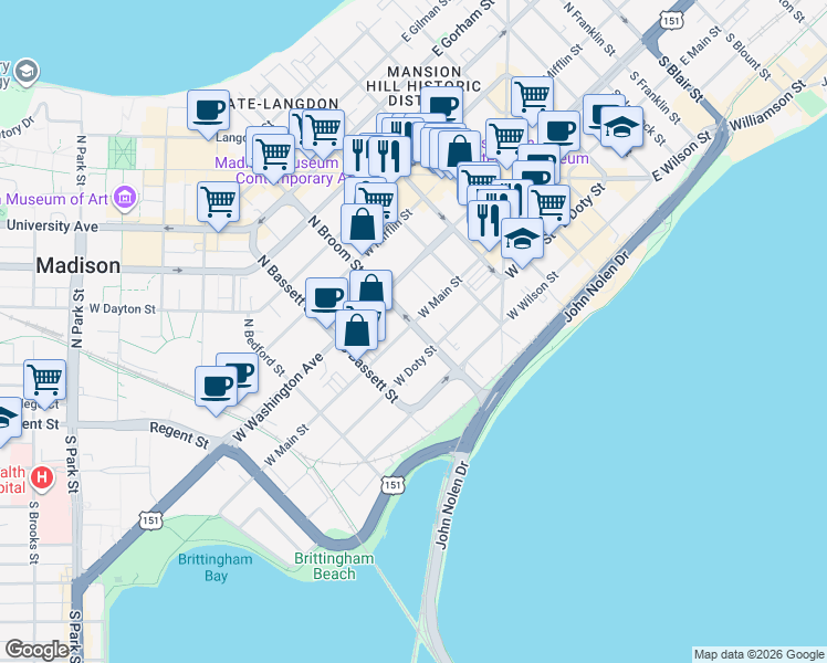 map of restaurants, bars, coffee shops, grocery stores, and more near 401 West Main Street in Madison