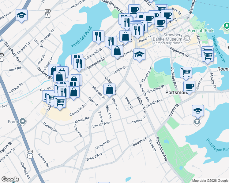 map of restaurants, bars, coffee shops, grocery stores, and more near Middle Street in Portsmouth