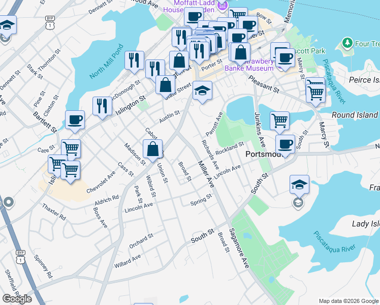 map of restaurants, bars, coffee shops, grocery stores, and more near 55 Miller Avenue in Portsmouth