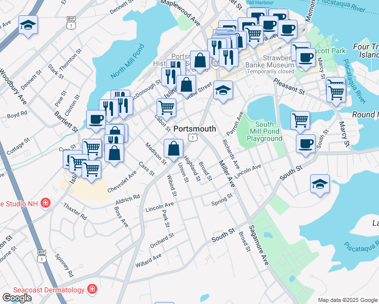 map of restaurants, bars, coffee shops, grocery stores, and more near 351 Middle Street in Portsmouth
