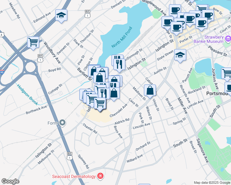 map of restaurants, bars, coffee shops, grocery stores, and more near 2 Columbia Court in Portsmouth