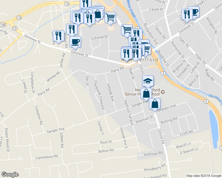 map of restaurants, bars, coffee shops, grocery stores, and more near 6 Hillside Avenue in New Hartford