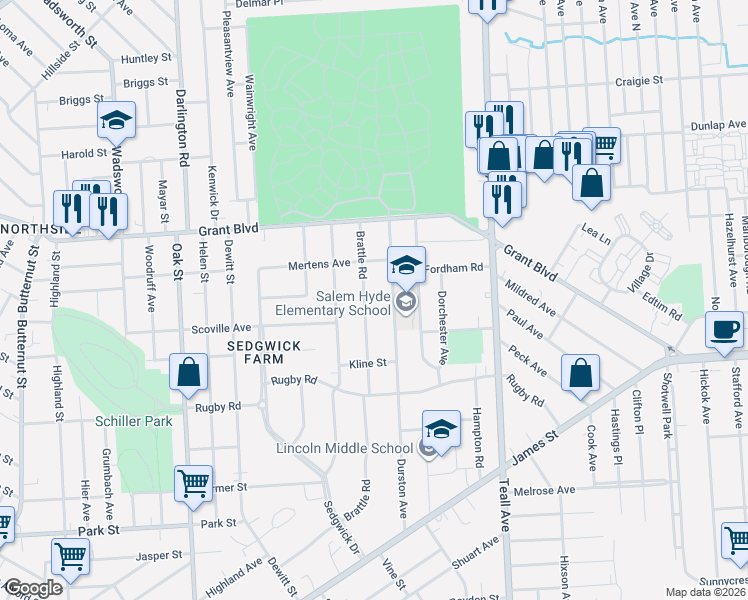 map of restaurants, bars, coffee shops, grocery stores, and more near 485 Durston Avenue in Syracuse