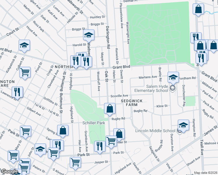 map of restaurants, bars, coffee shops, grocery stores, and more near 1365 Oak Street in Syracuse