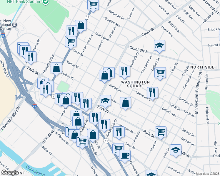 map of restaurants, bars, coffee shops, grocery stores, and more near 603 Court Street in Syracuse