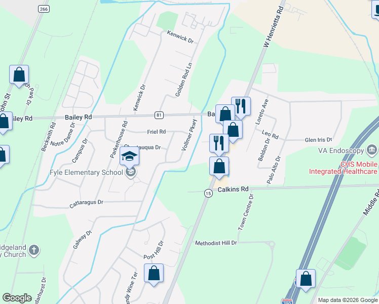 map of restaurants, bars, coffee shops, grocery stores, and more near 3 Vollmer Parkway in Rochester