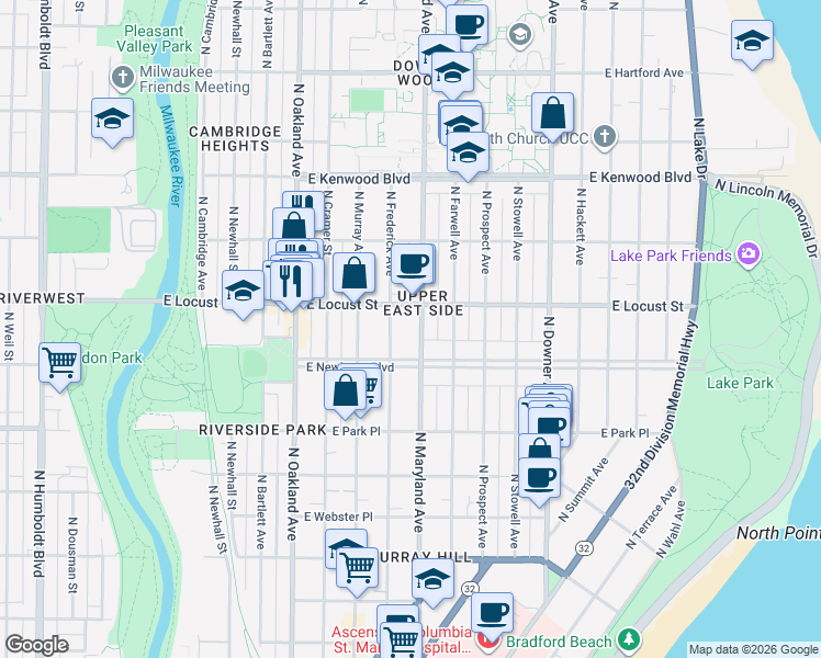 map of restaurants, bars, coffee shops, grocery stores, and more near in Milwaukee