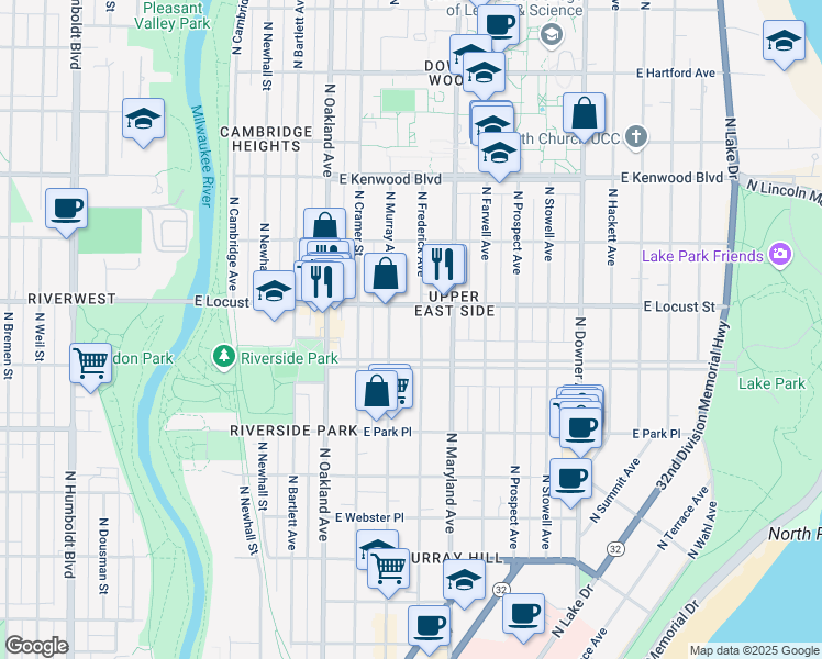 map of restaurants, bars, coffee shops, grocery stores, and more near 2864 North Murray Avenue in Milwaukee