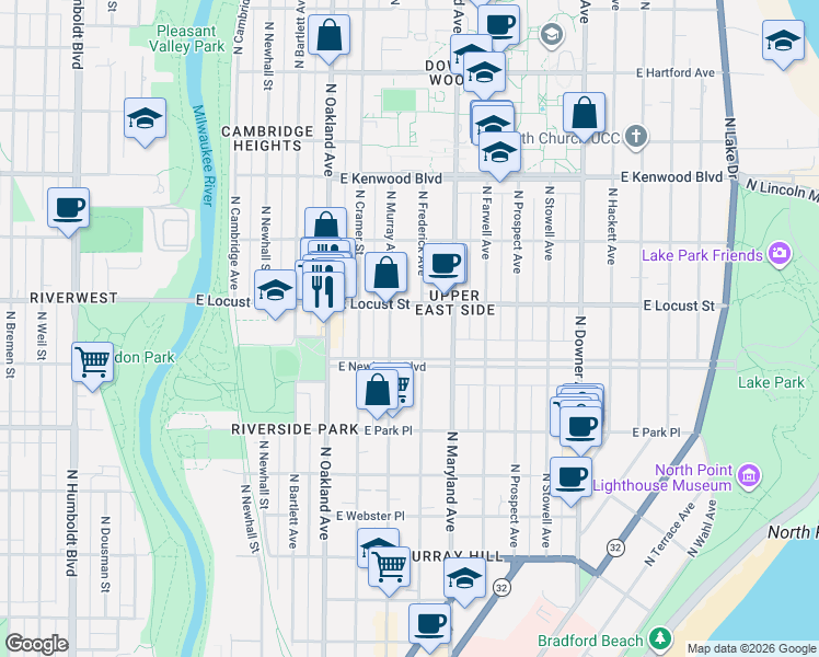 map of restaurants, bars, coffee shops, grocery stores, and more near 2864 North Murray Avenue in Milwaukee