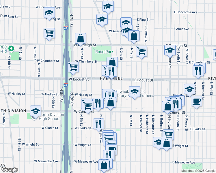 map of restaurants, bars, coffee shops, grocery stores, and more near 2870 Vel R. Phillips Avenue in Milwaukee