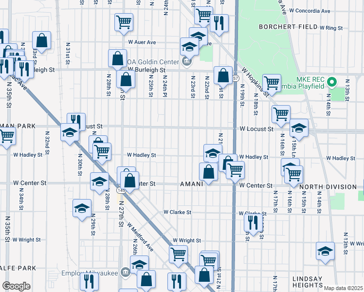 map of restaurants, bars, coffee shops, grocery stores, and more near 2858 North 24th Street in Milwaukee
