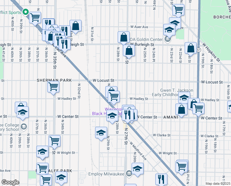 map of restaurants, bars, coffee shops, grocery stores, and more near 2858 North 29th Street in Milwaukee