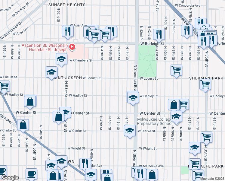 map of restaurants, bars, coffee shops, grocery stores, and more near 2857 North 45th Street in Milwaukee