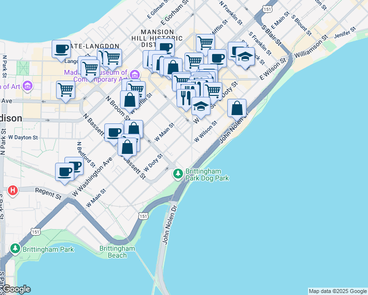 map of restaurants, bars, coffee shops, grocery stores, and more near 200 South Henry Street in Madison