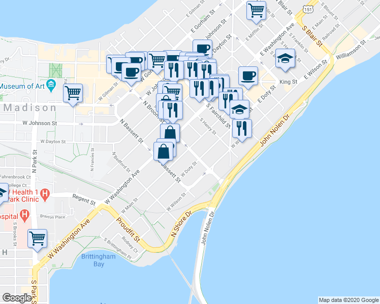 map of restaurants, bars, coffee shops, grocery stores, and more near 31 South Broom Street in Madison