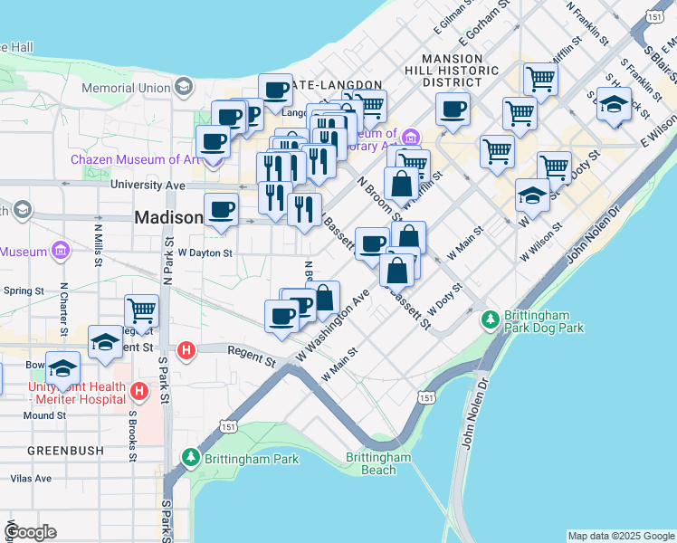 map of restaurants, bars, coffee shops, grocery stores, and more near 114 North Bassett Street in Madison