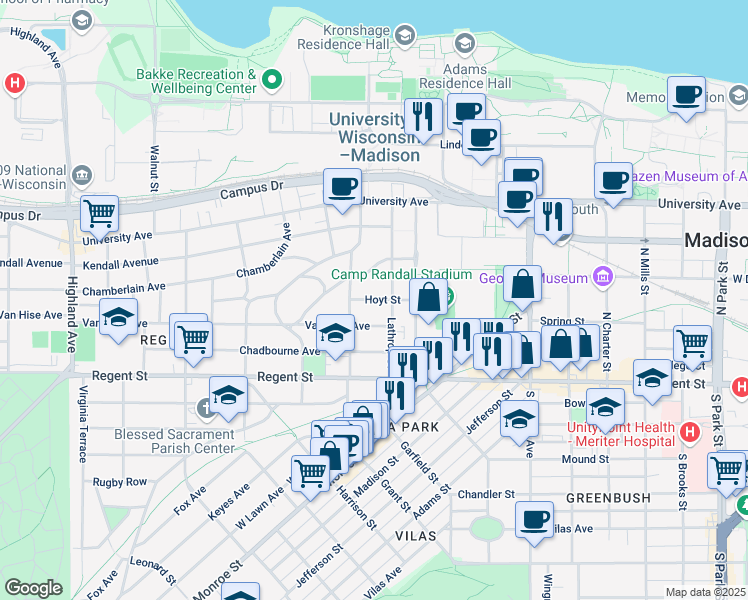 map of restaurants, bars, coffee shops, grocery stores, and more near 138 Lathrop Street in Madison