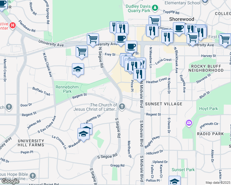 map of restaurants, bars, coffee shops, grocery stores, and more near 406 North Segoe Road in Madison