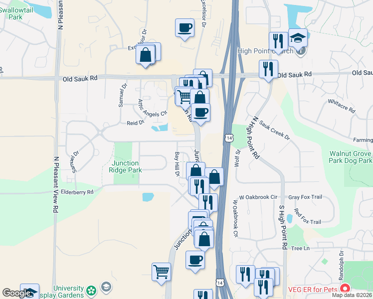 map of restaurants, bars, coffee shops, grocery stores, and more near 8310 Blackwolf Drive in Madison