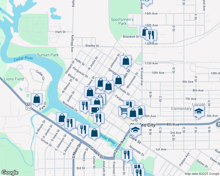 map of restaurants, bars, coffee shops, grocery stores, and more near 502 North Jackson Street in Charles City