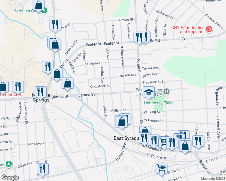 map of restaurants, bars, coffee shops, grocery stores, and more near 209 Kirkpatrick Street in East Syracuse