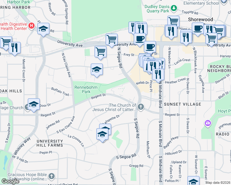 map of restaurants, bars, coffee shops, grocery stores, and more near 426 North Segoe Road in Madison