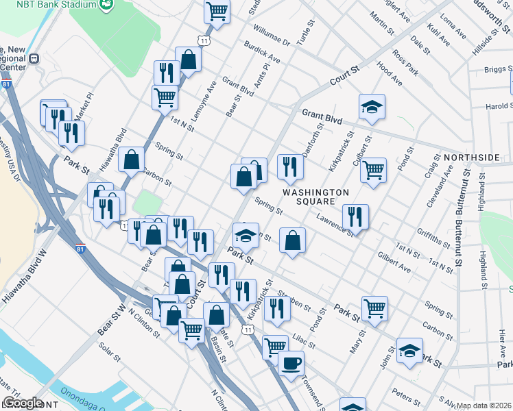 map of restaurants, bars, coffee shops, grocery stores, and more near 603 Court Street in Syracuse
