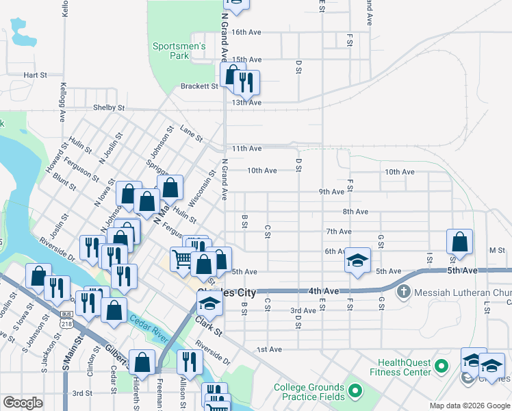 map of restaurants, bars, coffee shops, grocery stores, and more near 209 9th Ave in Charles City
