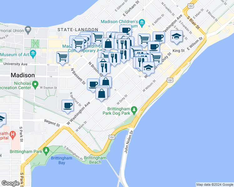 map of restaurants, bars, coffee shops, grocery stores, and more near 403 West Main Street in Madison