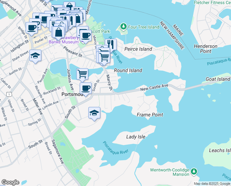 map of restaurants, bars, coffee shops, grocery stores, and more near 159 Highway 1B in Portsmouth