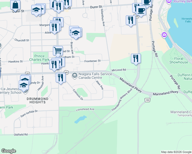 map of restaurants, bars, coffee shops, grocery stores, and more near 5893 McLeod Road in Niagara Falls