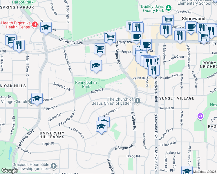 map of restaurants, bars, coffee shops, grocery stores, and more near 4804 Regent Street in Madison