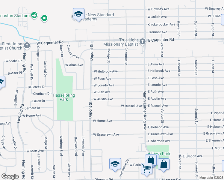 map of restaurants, bars, coffee shops, grocery stores, and more near 506 West Lorado Avenue in Flint