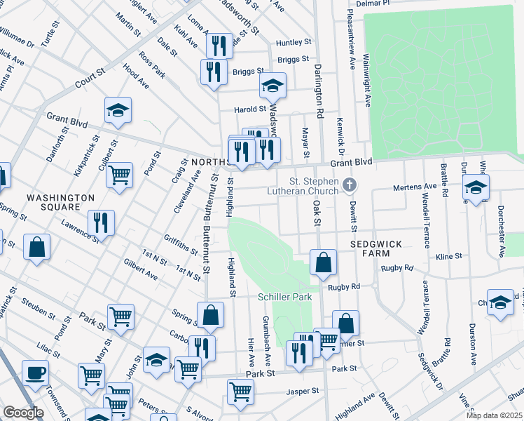 map of restaurants, bars, coffee shops, grocery stores, and more near 118 Schiller Avenue in Syracuse