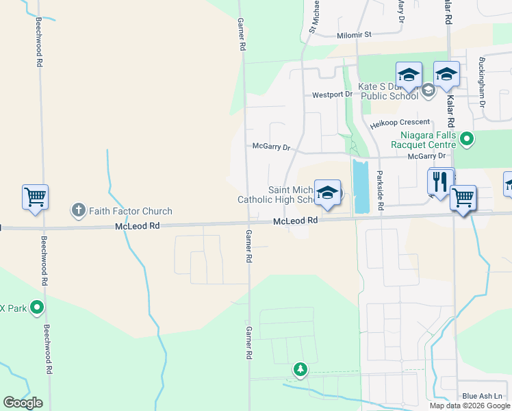 map of restaurants, bars, coffee shops, grocery stores, and more near 7186 Garner Road in Niagara Falls