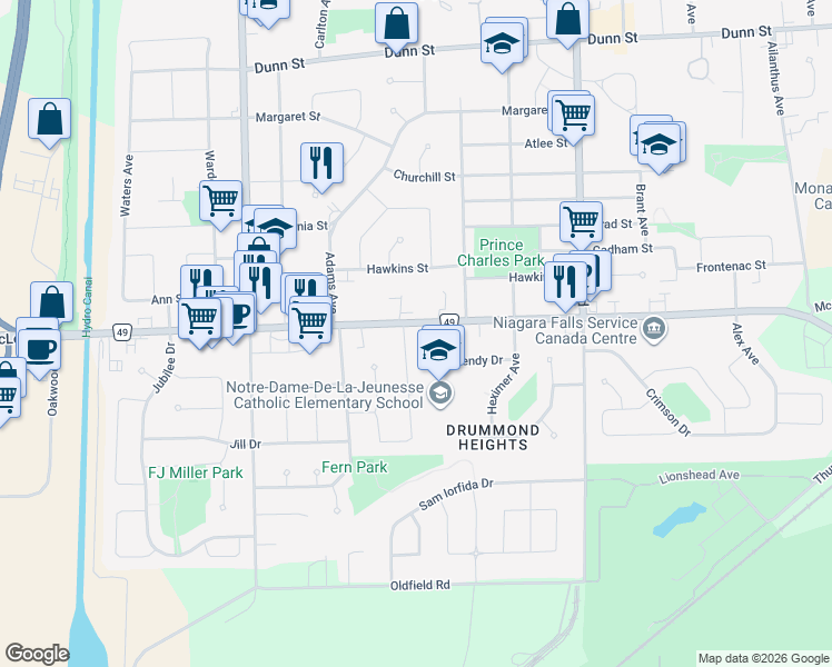 map of restaurants, bars, coffee shops, grocery stores, and more near 6601 McLeod Road in Niagara Falls
