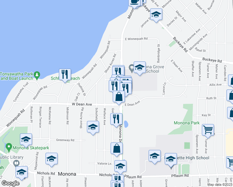 map of restaurants, bars, coffee shops, grocery stores, and more near 4601 Monona Drive in Monona