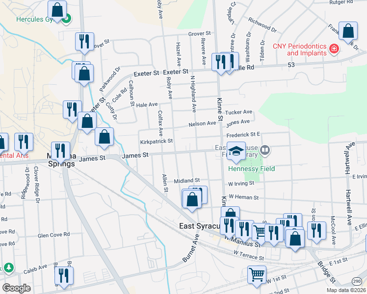 map of restaurants, bars, coffee shops, grocery stores, and more near 202 Frederick Street East in East Syracuse