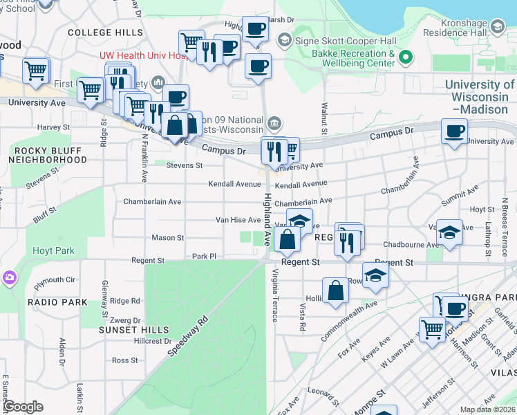 map of restaurants, bars, coffee shops, grocery stores, and more near 311 Highland Avenue in Madison