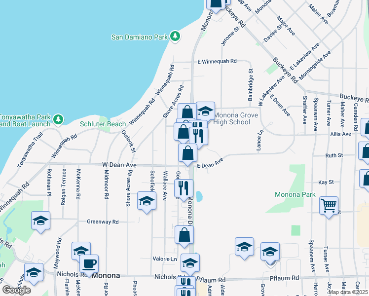 map of restaurants, bars, coffee shops, grocery stores, and more near 4601 Monona Drive in Monona